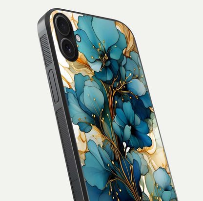 Golden Bloom Symphony Glass Case for iPhone 16 Plus close-up angled shot showing detailed petals and metallic gold reflection