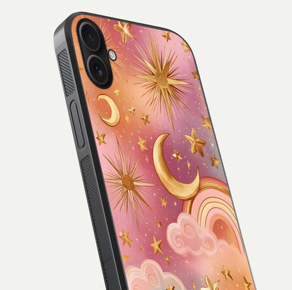 Golden Celestial Dreams Glass Case for iPhone 16 Plus close-up angled shot showing cosmic gold tones and reflection shine