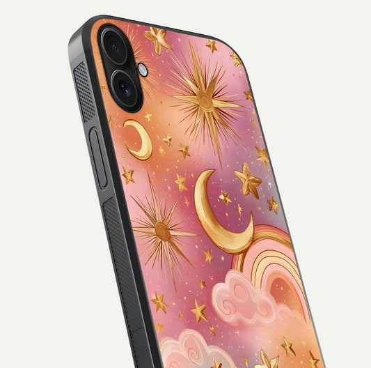 Golden Celestial Dreams Glass Case for iPhone 16 Plus close-up angled shot showing cosmic gold tones and reflection shine