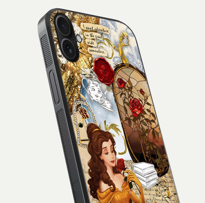 Golden Dream Belle Glass Case for iPhone 16 Plus close-up angled shot showing gradient tones and reflection polish