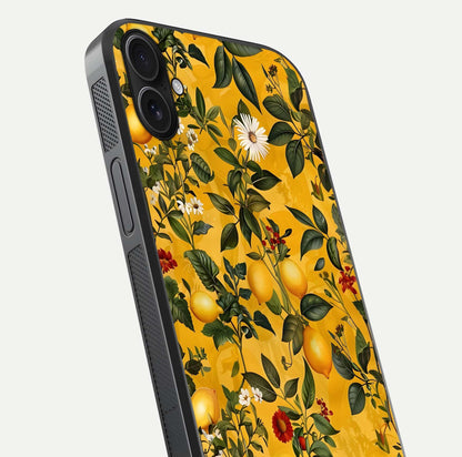 Golden Lemon Field Glass Case for iPhone 16 Plus close-up angled shot showing citrus texture and reflection brilliance