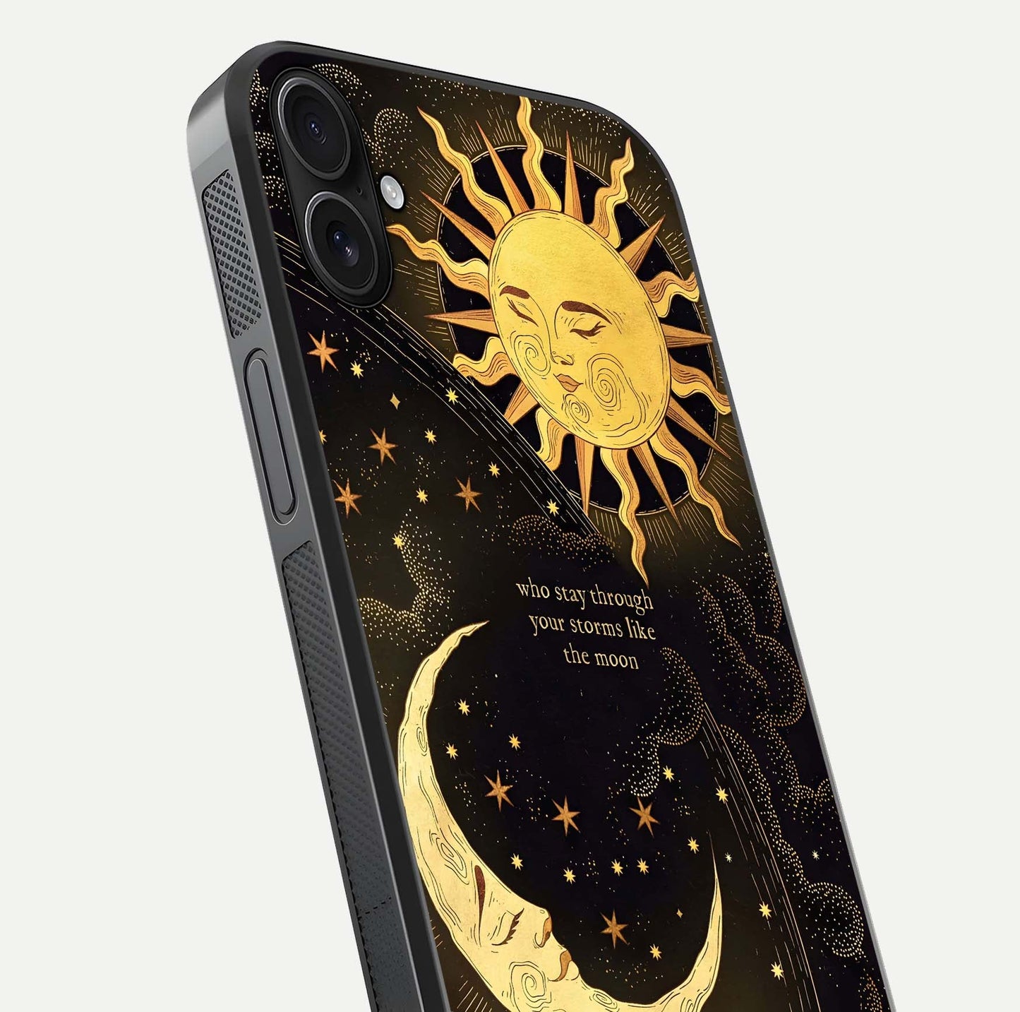 Golden Lunar Love Glass Case for iPhone 16 Plus close-up angled shot showing moon glow, texture, and reflection polish