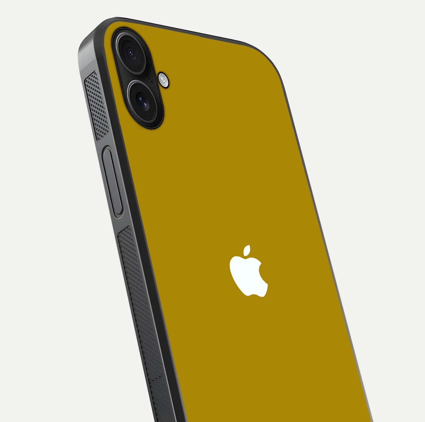 Golden Luxe Aura Glass Case for iPhone 16 Plus close-up angled shot showing metallic shine and light reflection
