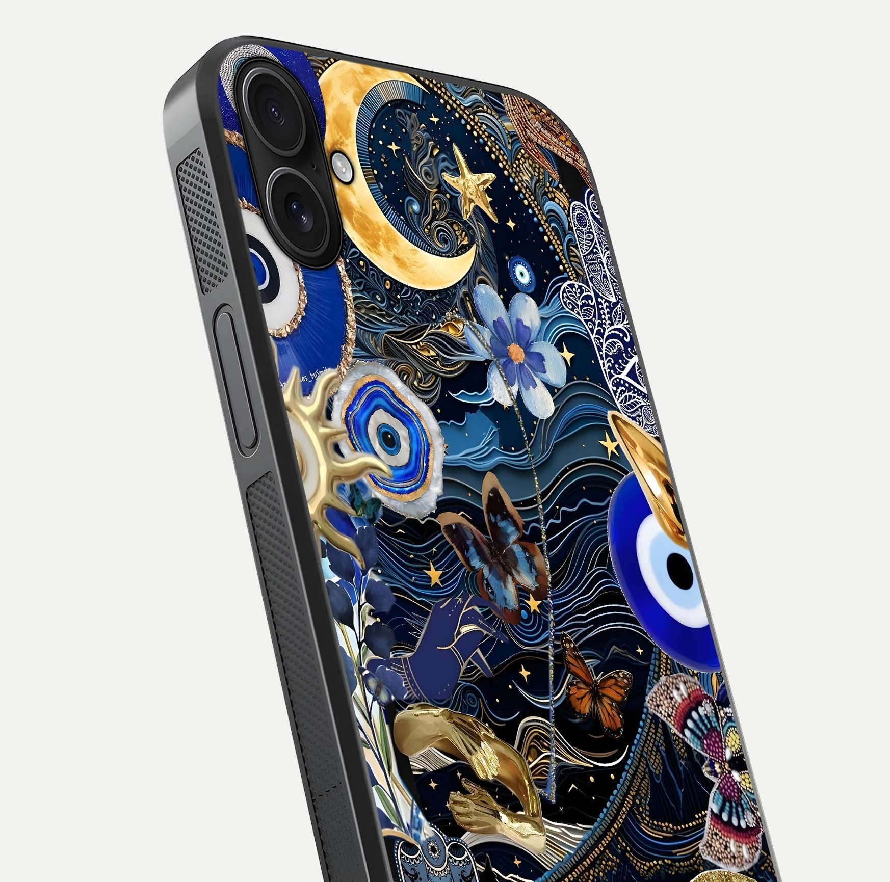 Golden Moon Magic Glass Case for iPhone 16 Plus close-up angled shot showing lunar glow, star detail, and reflection brightness