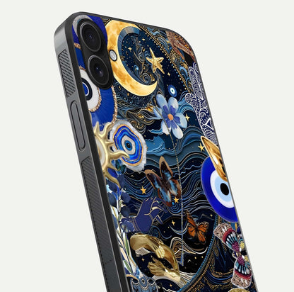 Golden Moon Magic Glass Case for iPhone 16 Plus close-up angled shot showing lunar glow, star detail, and reflection brightness