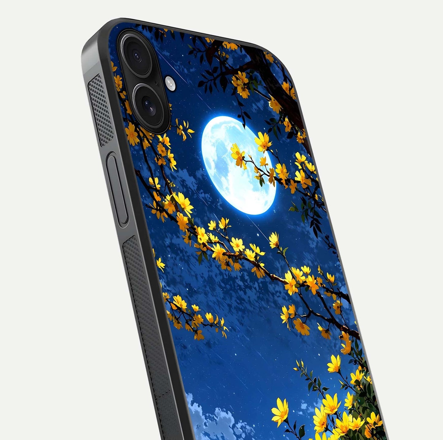 Golden Night Glow Glass Case for iPhone 16 Plus close-up angled shot showing shimmer texture and light reflection