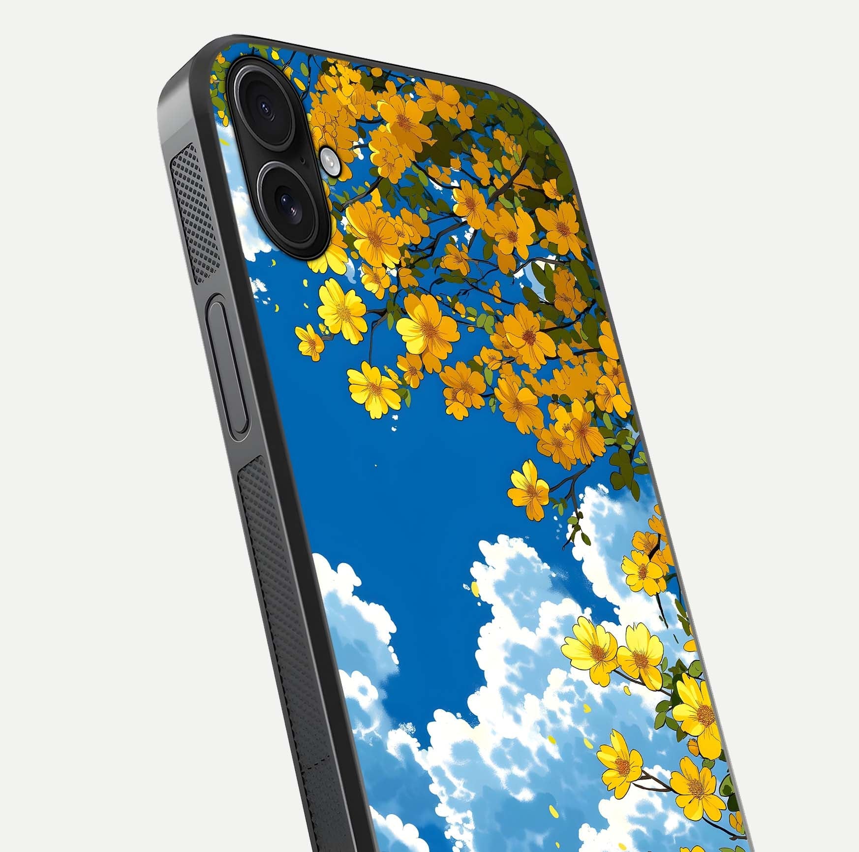 Golden Petal Sky Glass Case for iPhone 16 Plus close-up angled shot showing petal texture and shine reflection
