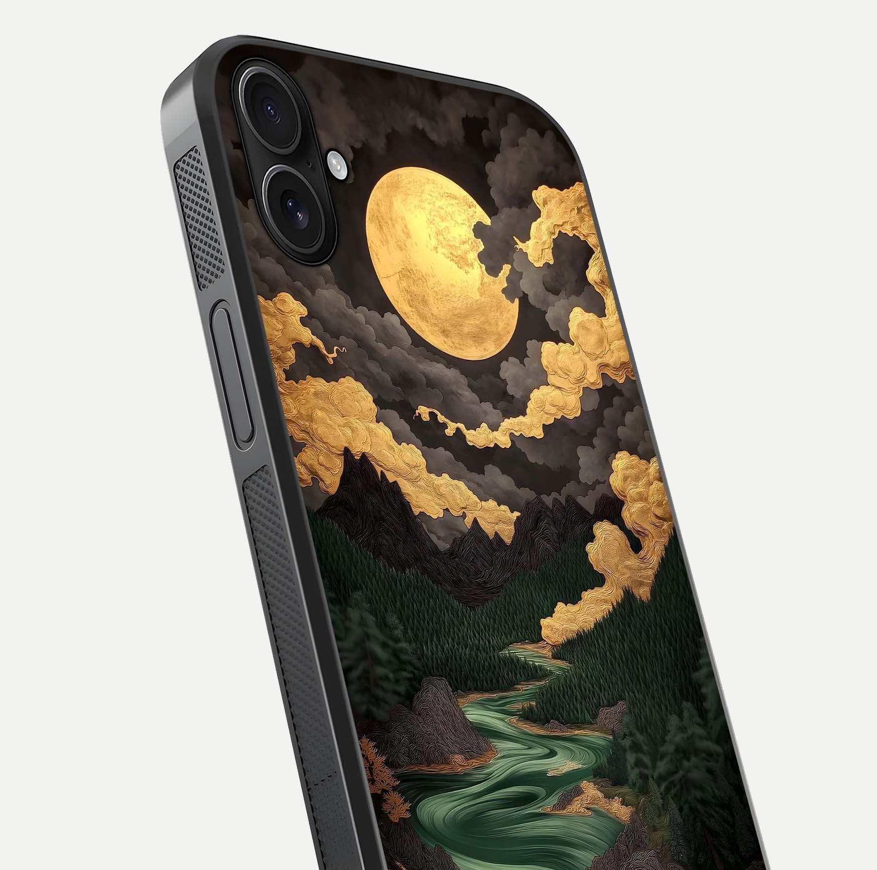 Golden River Moon Glass Case for iPhone 16 Plus close-up angled shot showing moon reflection and water shine