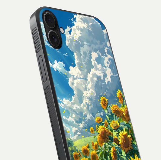Golden Sun Glory Glass Case for iPhone 16 Plus close-up angled shot showing sunlight reflection and gold detailing