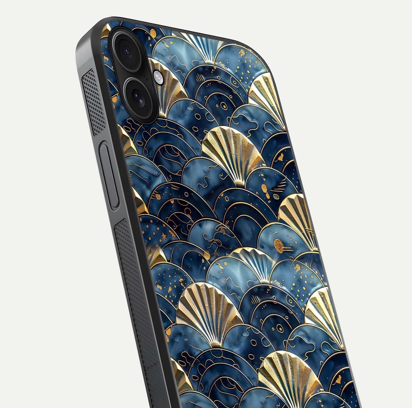 Golden Wave Luxe Glass Case for iPhone 16 Plus close-up angled shot showing flowing wave texture and reflection brightness