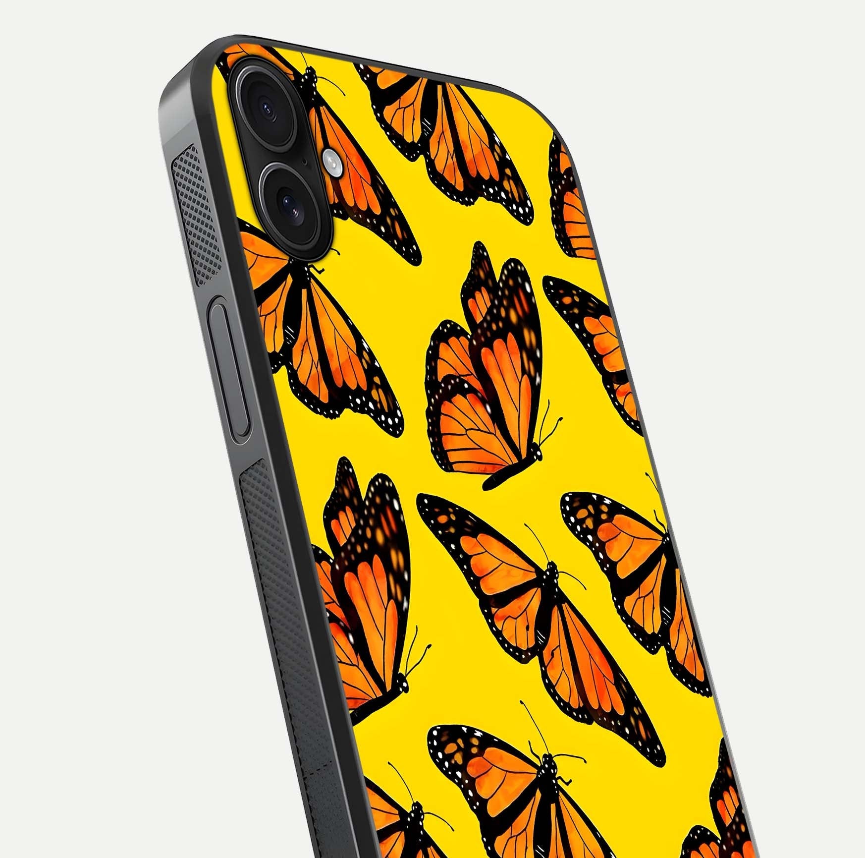 Golden Wing Flight Glass Case for iPhone 16 Plus close-up angled shot showing metallic wing texture and shine detail