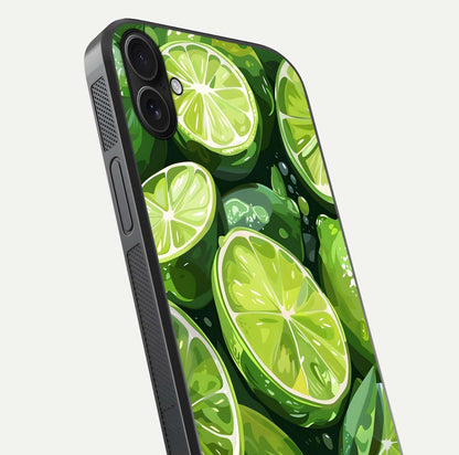 Green Lemon Glass Case for iPhone 16 Plus close-up angled shot showing lemon slice texture and reflection brightness