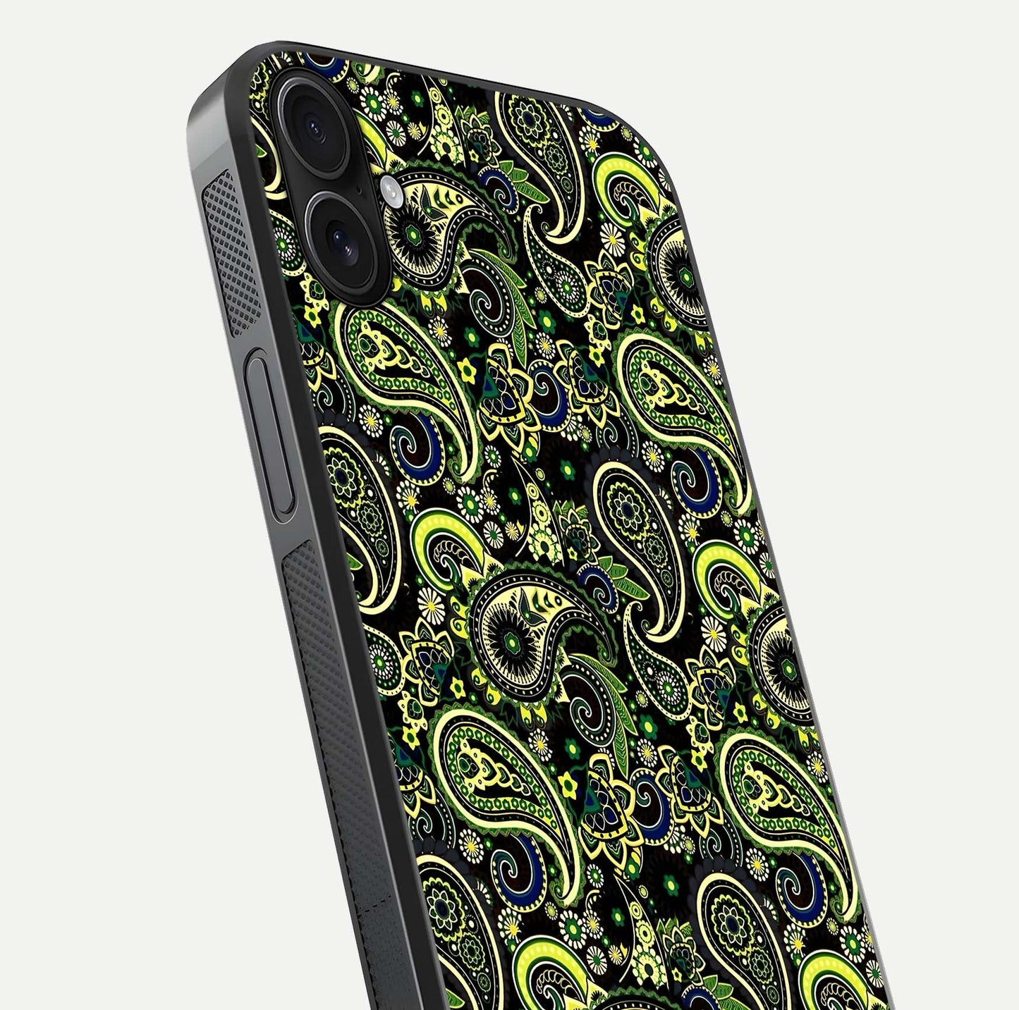 Green Mandala Pattern Glass Case for iPhone 16 Plus close-up angled shot showing fine detailing and gold-green reflection