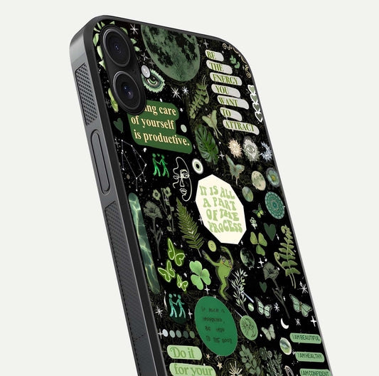 Green Moon Energy Glass Case for iPhone 16 Plus close-up angled shot showing glowing lunar detail and reflection shine