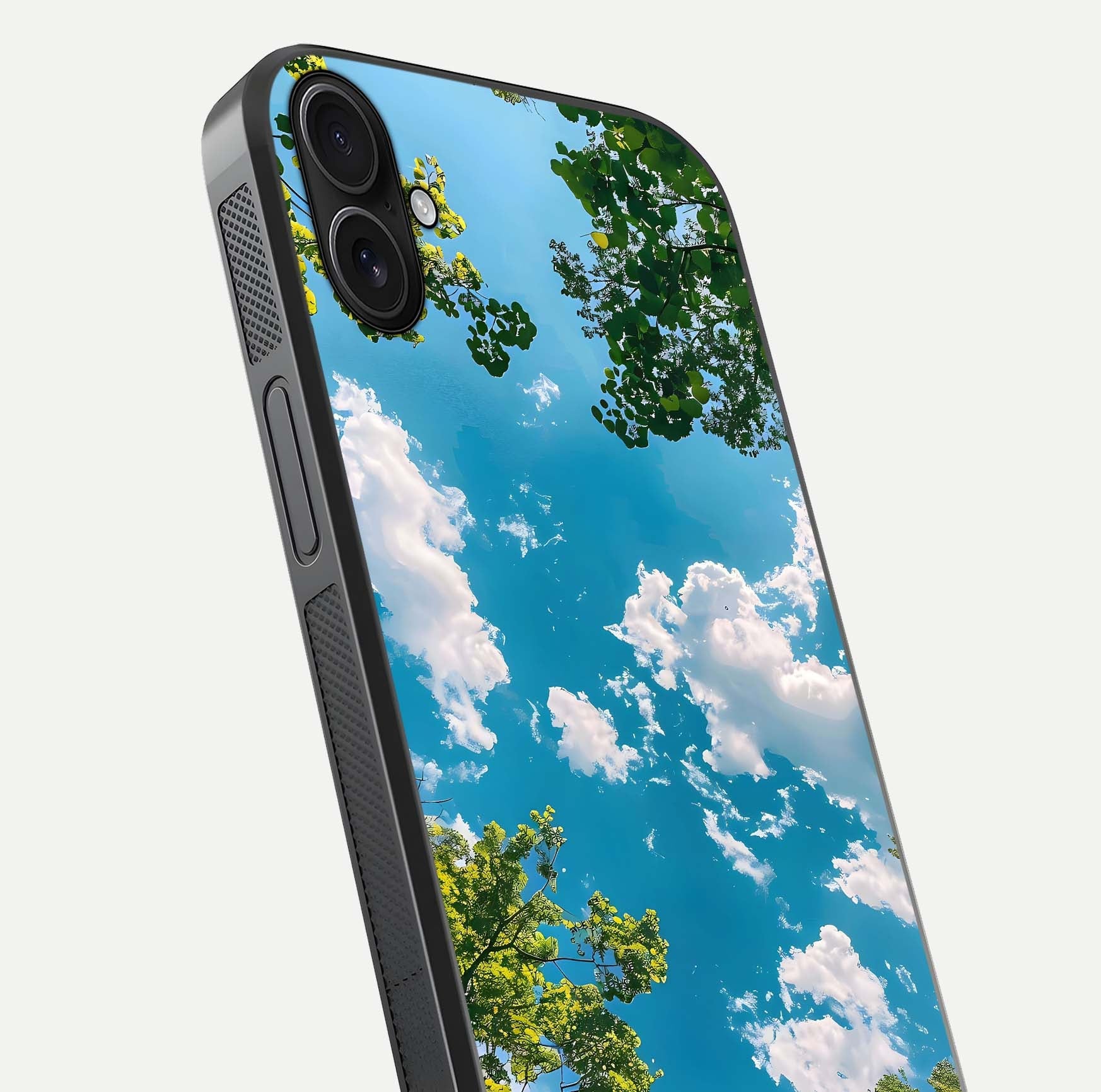 Greenery Sky Glass Case for iPhone 16 Plus close-up angled shot showing leafy tones and reflection brightness