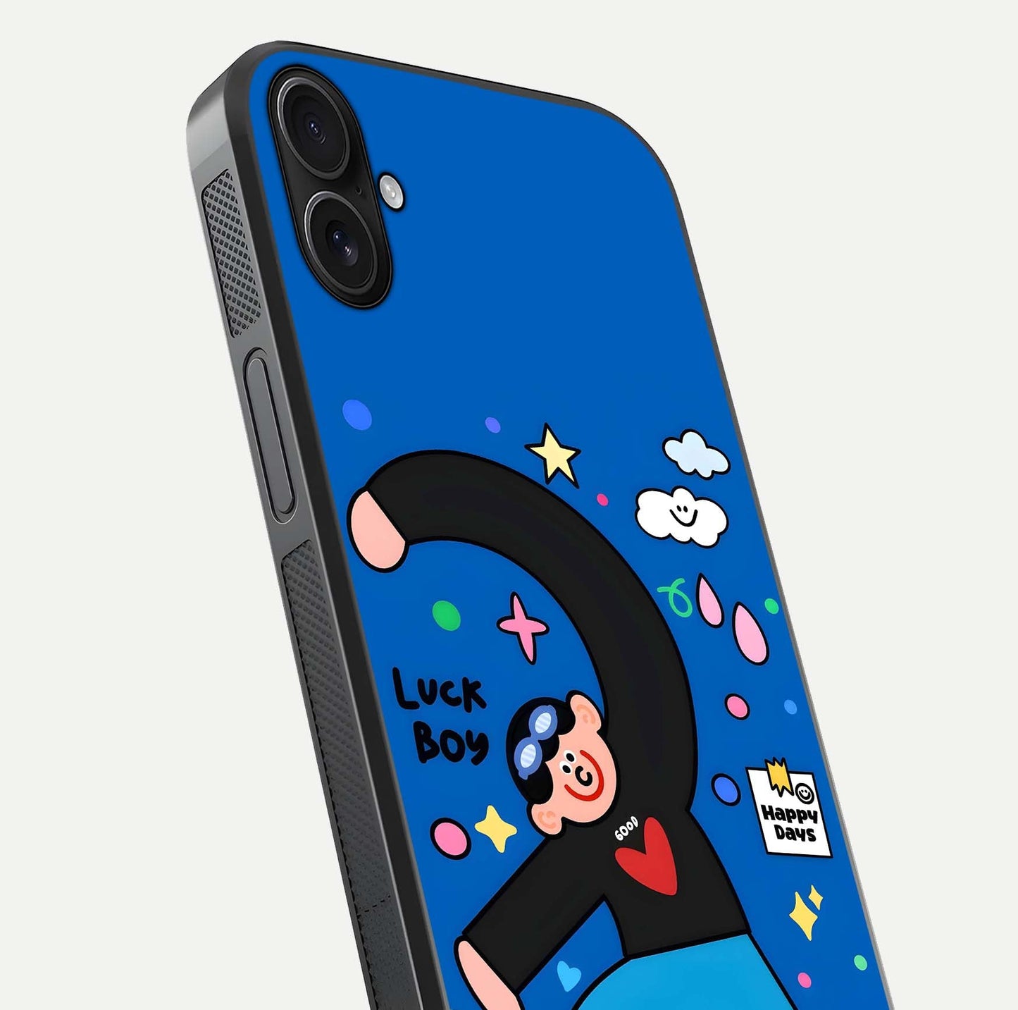 Happy Luck Vibe Glass Case for iPhone 16 Plus close-up angled shot showing color details and reflection shine