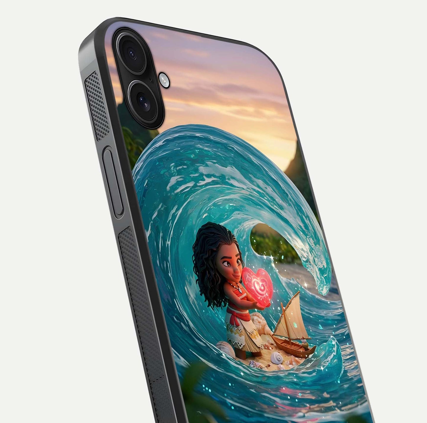 Heart of Ocean Glass Case for iPhone 16 Plus close-up angled shot showing blue tones and reflection shine