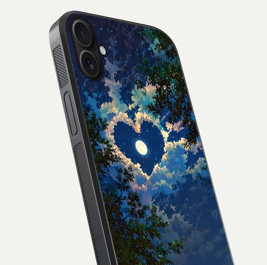 Heart with Moon Sky Glass Case for iPhone 16 Plus close-up angled shot showing lunar reflection and shine detail