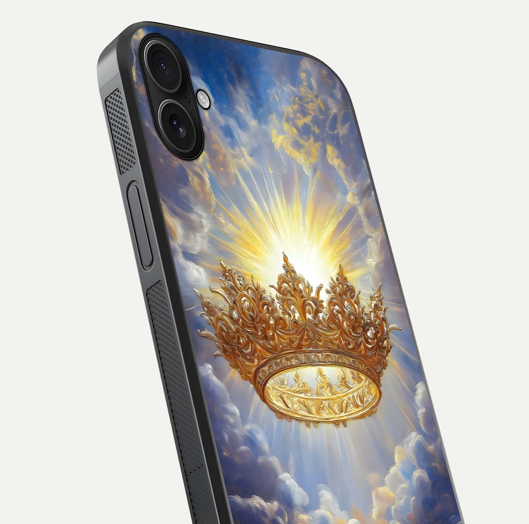 Heavenly Crown Light Glass Case for iPhone 16 Plus close-up angled shot showing glowing halo details and smooth reflection