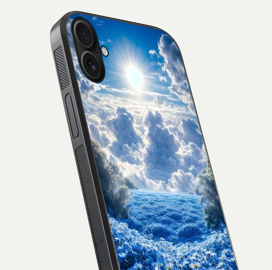Heavenly Daisy Horizon Glass Case for iPhone 16 Plus close-up angled shot showing daisy petal details and light reflection