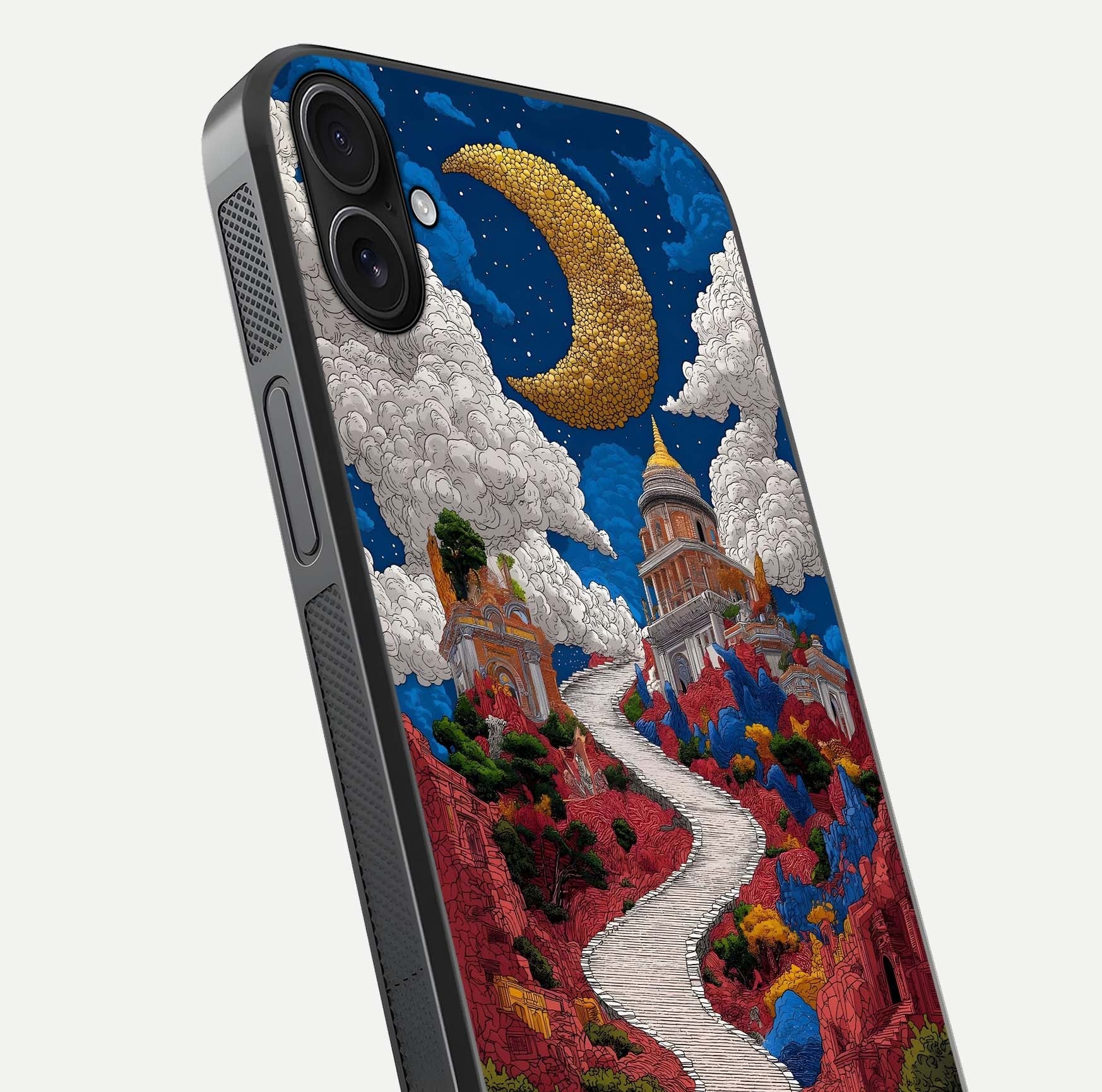 Heavenly Moon Path Glass Case for iPhone 16 Plus close-up angled shot showing moon reflection and shimmer texture