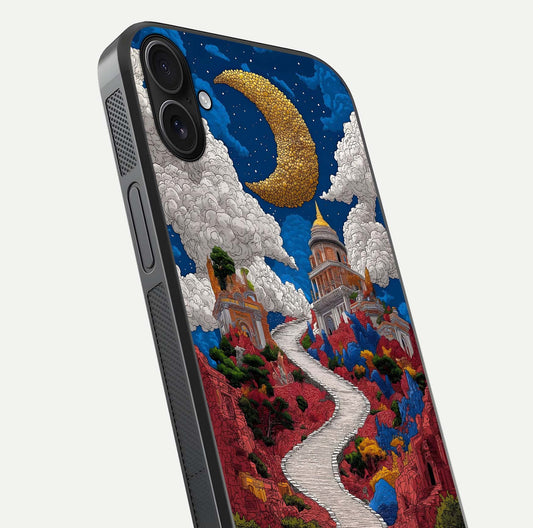 Heavenly Moon Path Glass Case for iPhone 16 Plus close-up angled shot showing moon reflection and shimmer texture