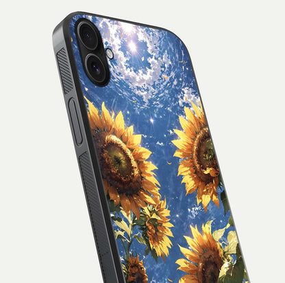 Heavenly Sunflower Rise Glass Case for iPhone 16 Plus close-up angled shot showing sunflower texture and reflection polish