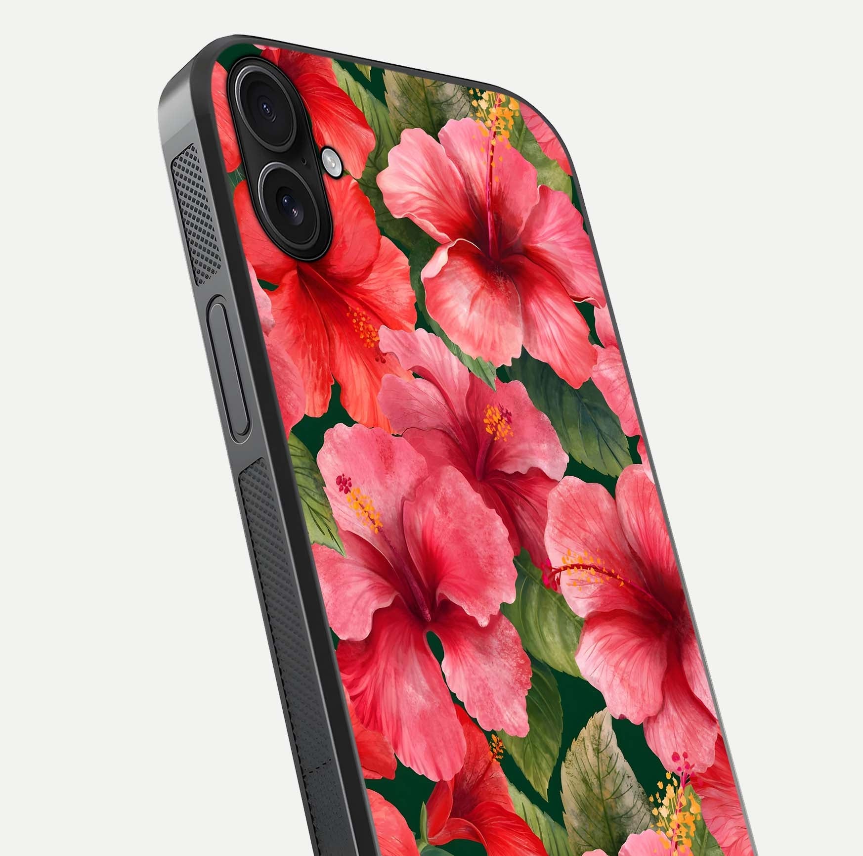 Hibiscus Pattern Glass Case for iPhone 16 Plus close-up angled shot showing flower details and gloss reflection