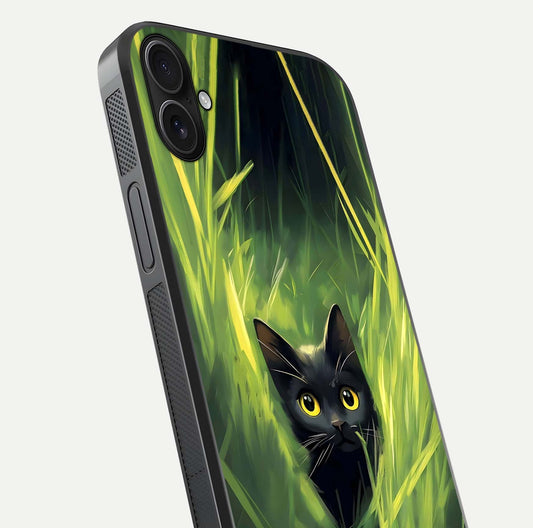 Hidden Cat Whisper Glass Case for iPhone 16 Plus close-up angled shot showing feline details and reflection polish