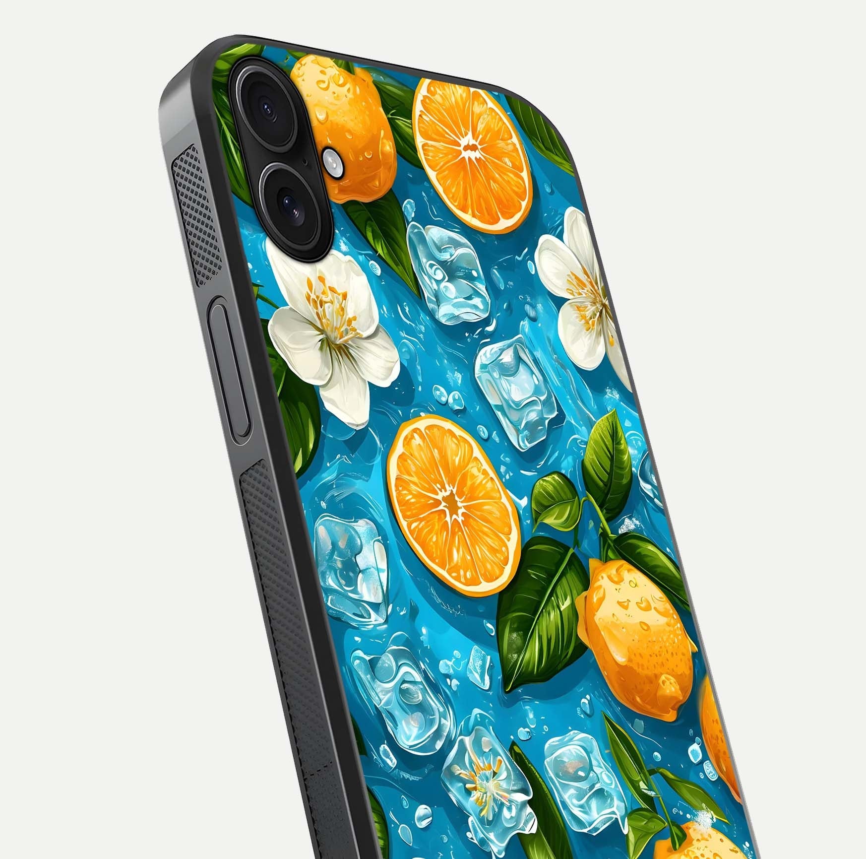 Ice Cube With Orange Glass Case for iPhone 16 Plus close-up angled shot showing orange slices and ice reflections