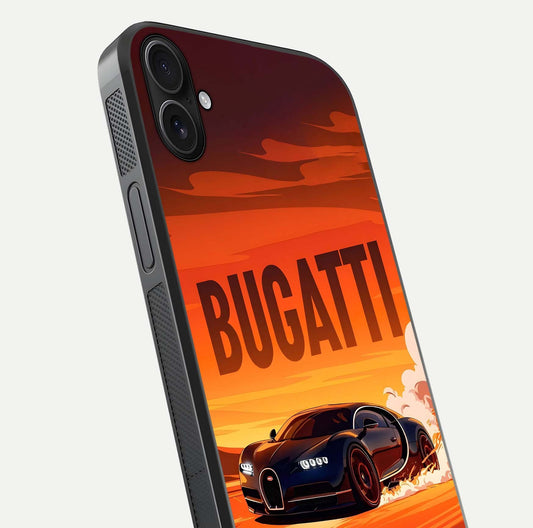 Inferno Bugatti Storm Glass Case for iPhone 16 Plus close-up angled shot showing flame details and reflection shine