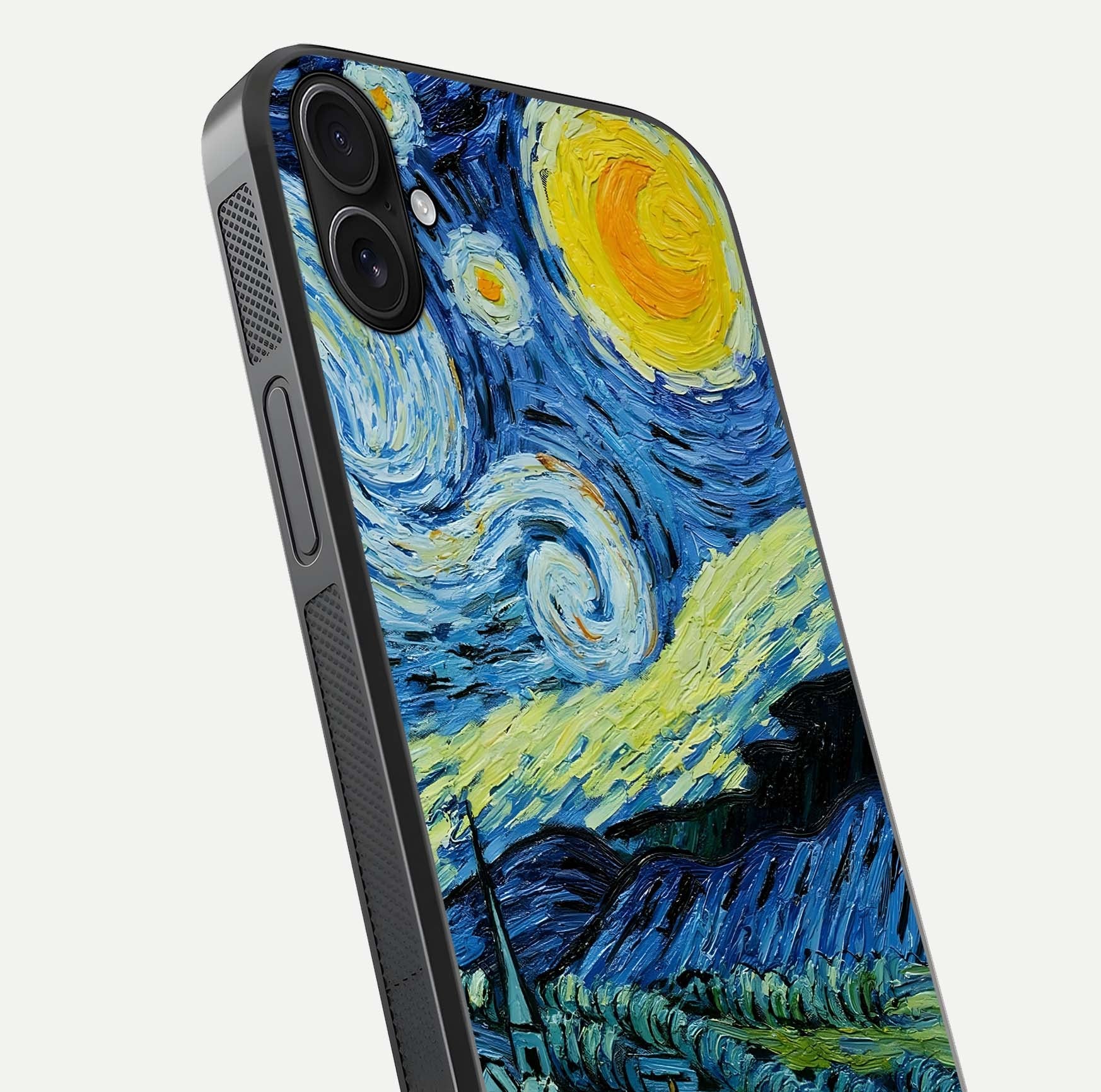 Inspired Van Gogh Art Glass Case for iPhone 16 Plus close-up angled shot showing brushstroke texture and shine detail