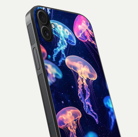 Jellyfish Pattern Glass Case for iPhone 16 Plus close-up angled shot showing translucent tentacles and light reflection