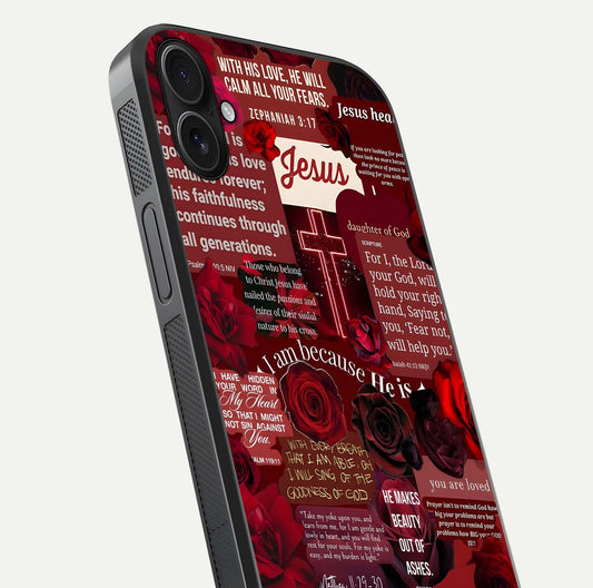 Jesus Love Heals Glass Case for iPhone 16 Plus close-up angled shot showing healing text, cross detailing, and reflection