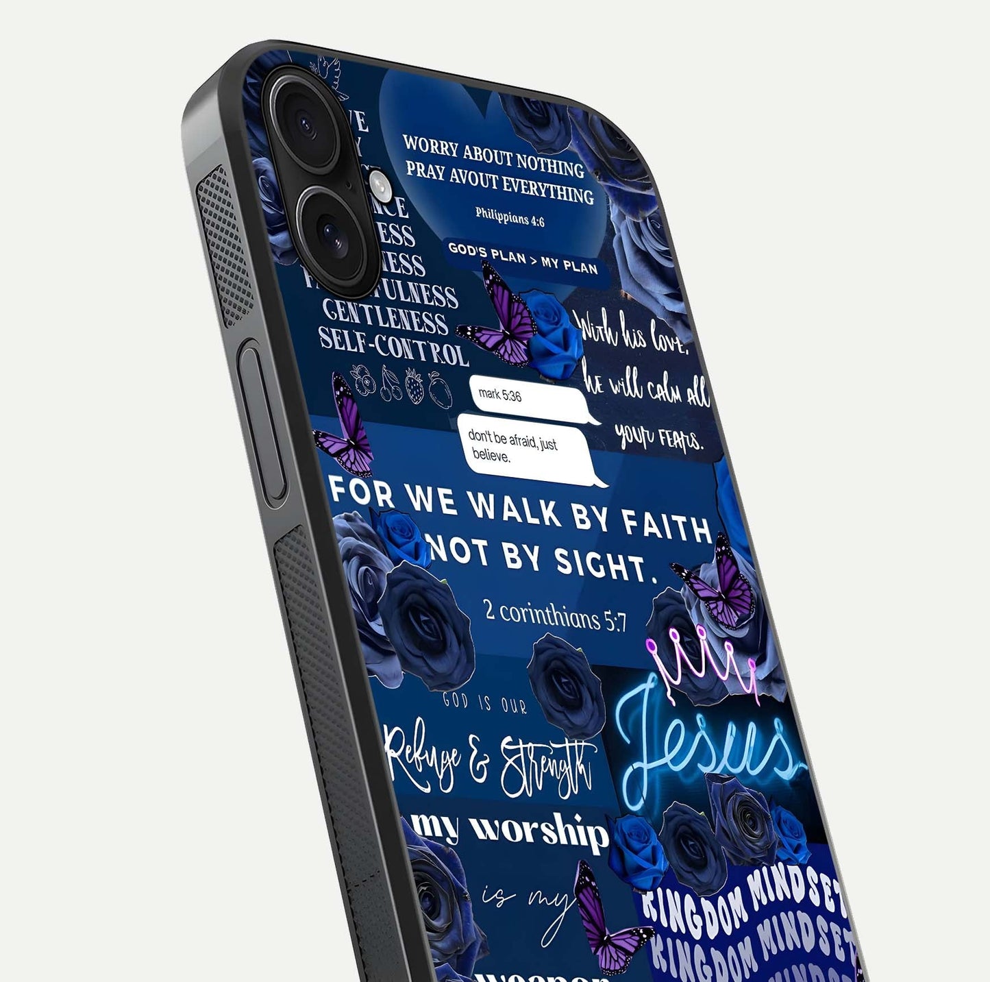 Kingdom Faith Glow Glass Case for iPhone 16 Plus close-up angled shot showing luminous text and divine reflection