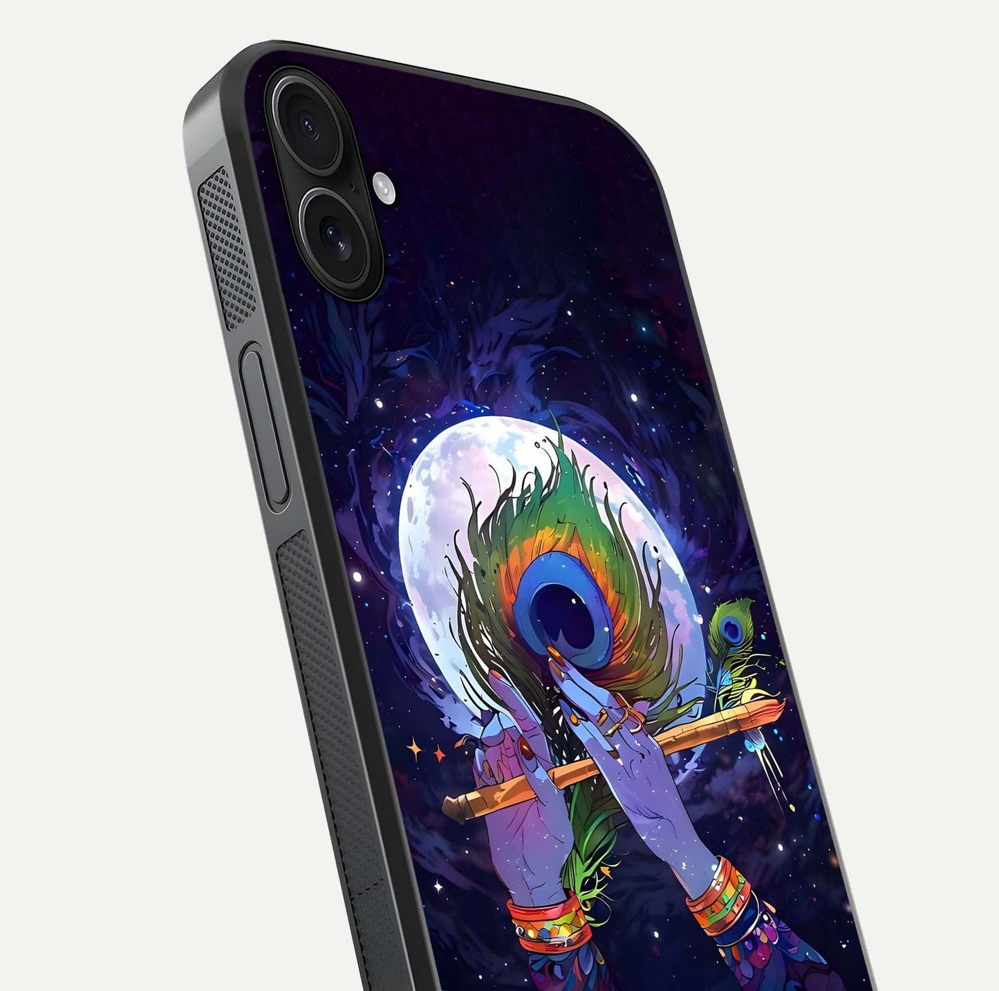 Krishna Hands Art Glass Case for iPhone 16 Plus close-up angled shot showing detailed hand design and shine