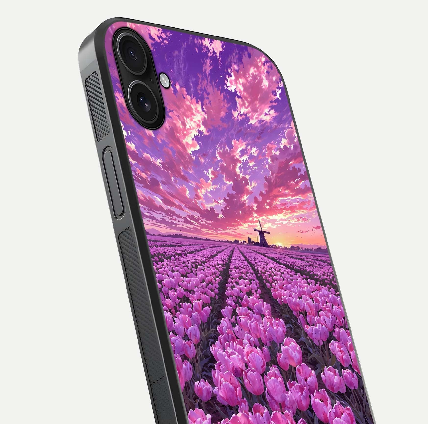 Lavender Dream Skies Glass Case for iPhone 16 Plus close-up angled shot showing purple hues and soft reflection