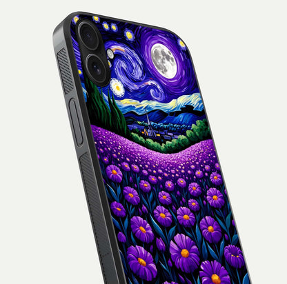 Lavender Moon Field Glass Case for iPhone 16 Plus close-up angled shot showing moon glow and purple detailing