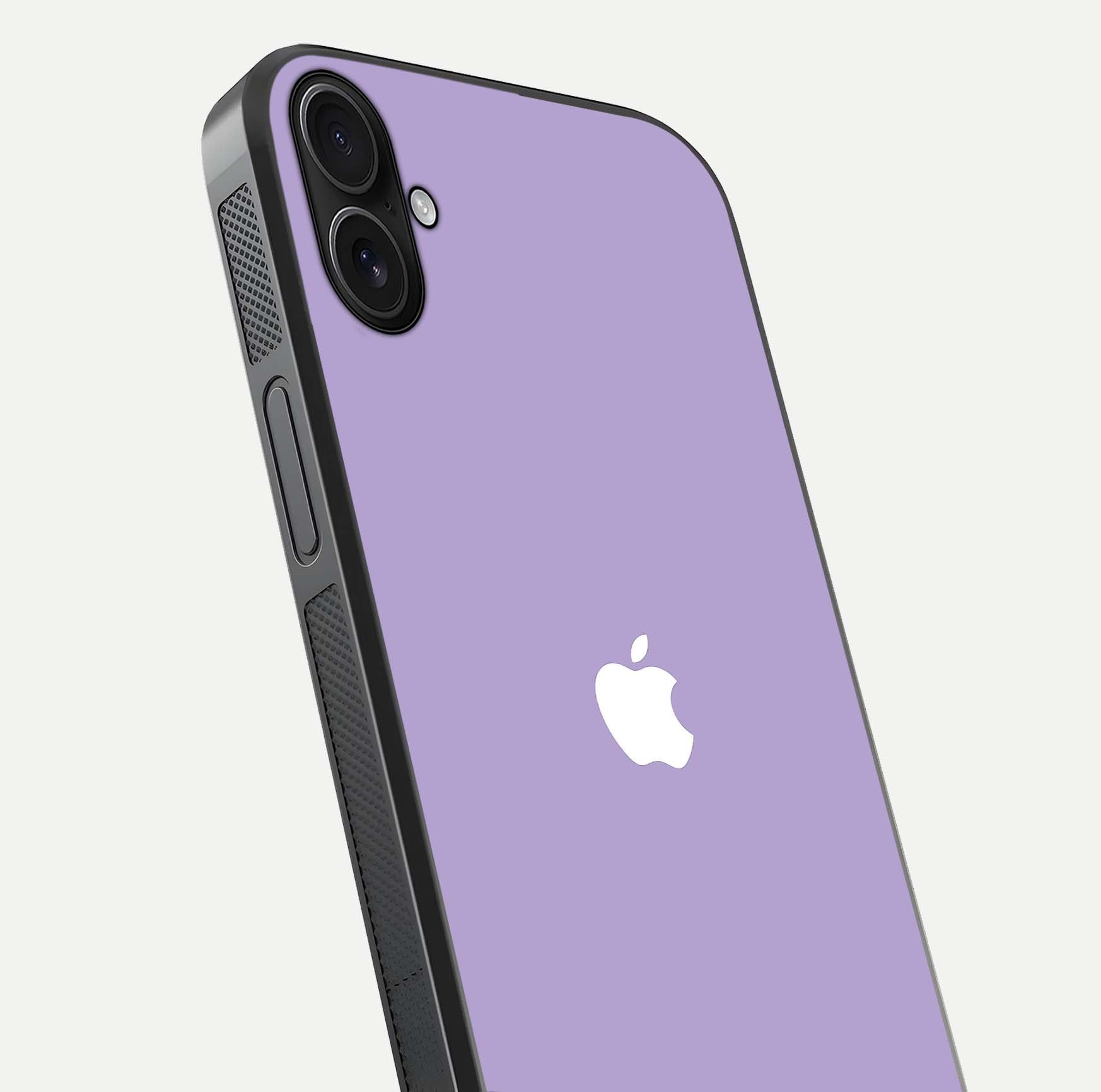 Lavender Soft Minimal Glass Case for iPhone 16 Plus close-up angled shot showing clean color texture and shine