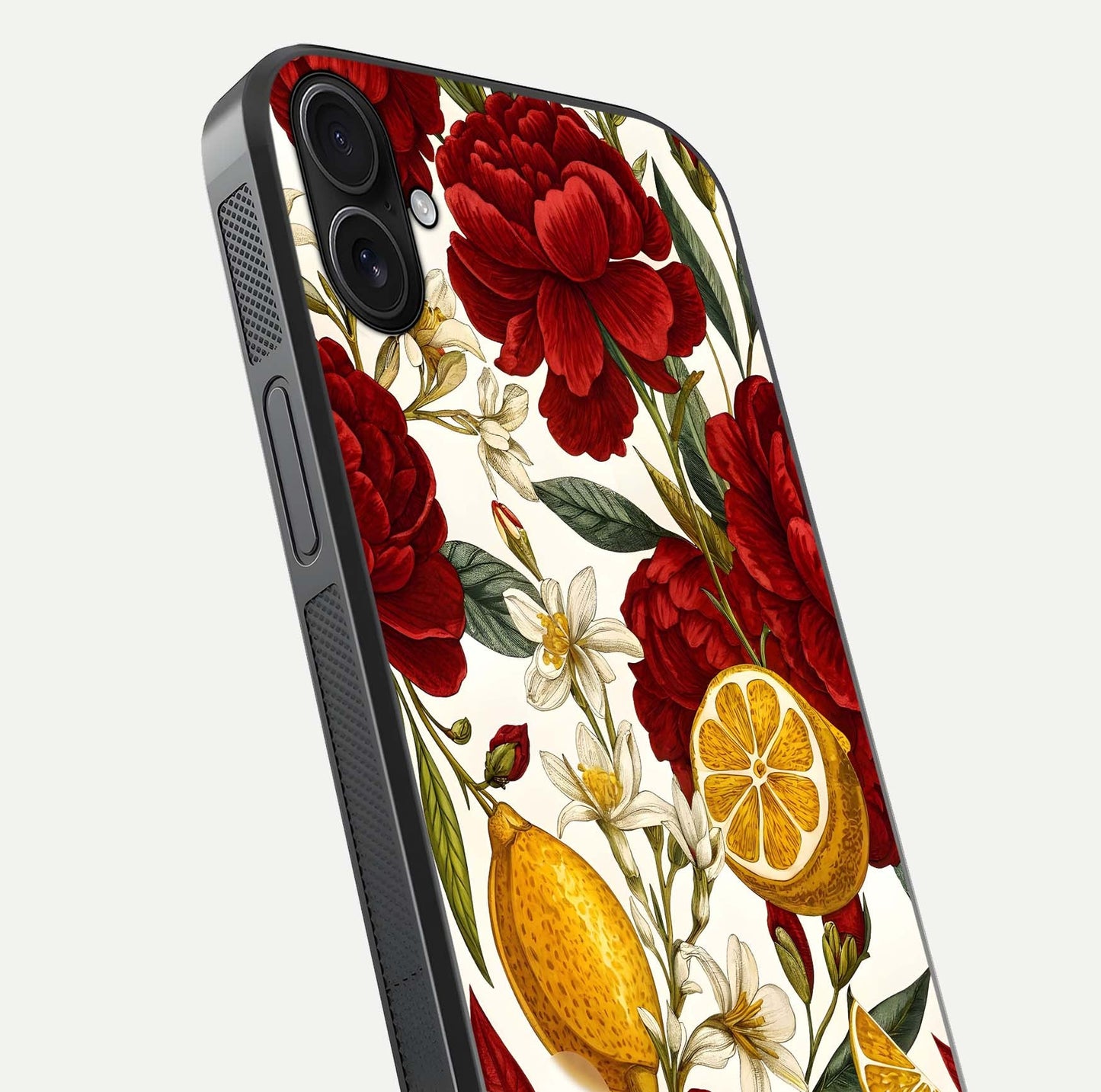Lemon Rose Charm Glass Case for iPhone 16 Plus angled close-up showing vivid rose details and HD glass reflection