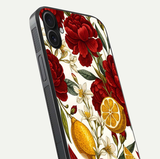 Lemon Rose Charm Glass Case for iPhone 16 Plus angled close-up showing vivid rose details and HD glass reflection