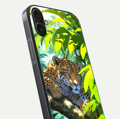 Leopard in Jungle Glass Case for iPhone 16 Plus angled close-up showing fur texture and glossy shine reflection