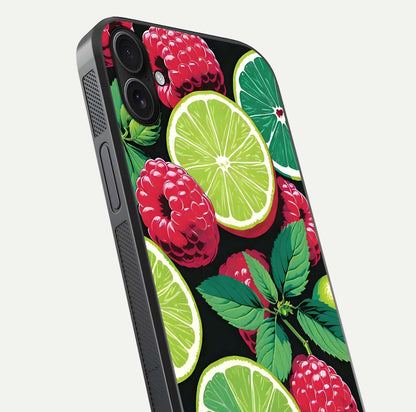 Lime and Raspberry Pattern Glass Case for iPhone 16 Plus angled close-up showing fruit texture and reflection glow