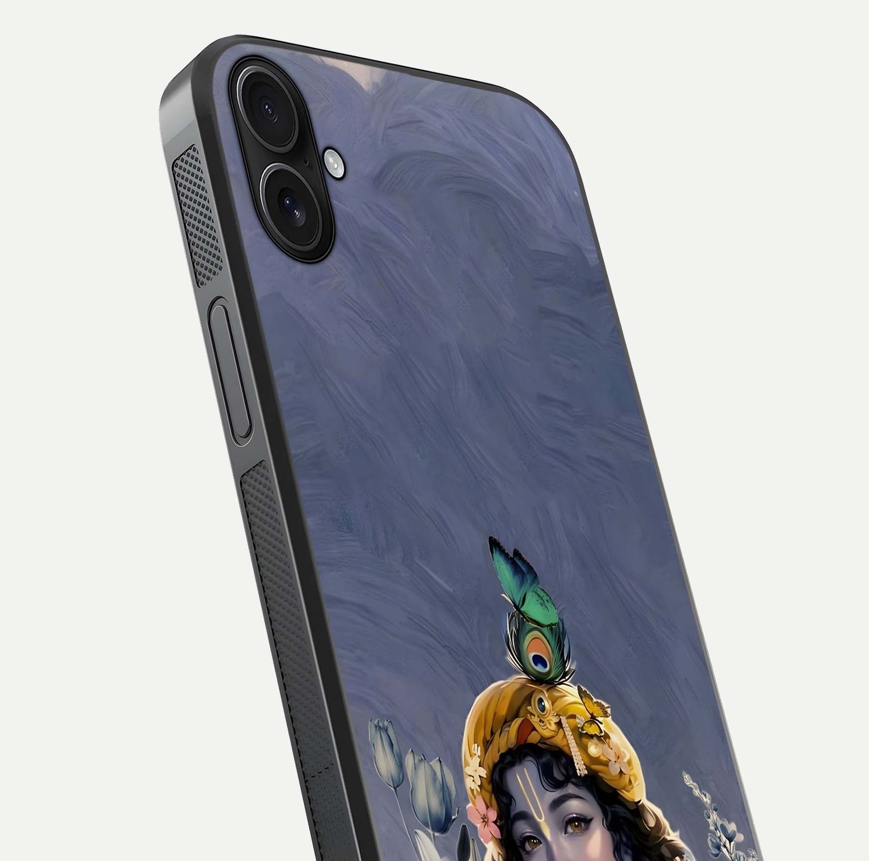 Lord Krishna Glass Case for iPhone 16 Plus angled close-up showing intricate flute and reflection details