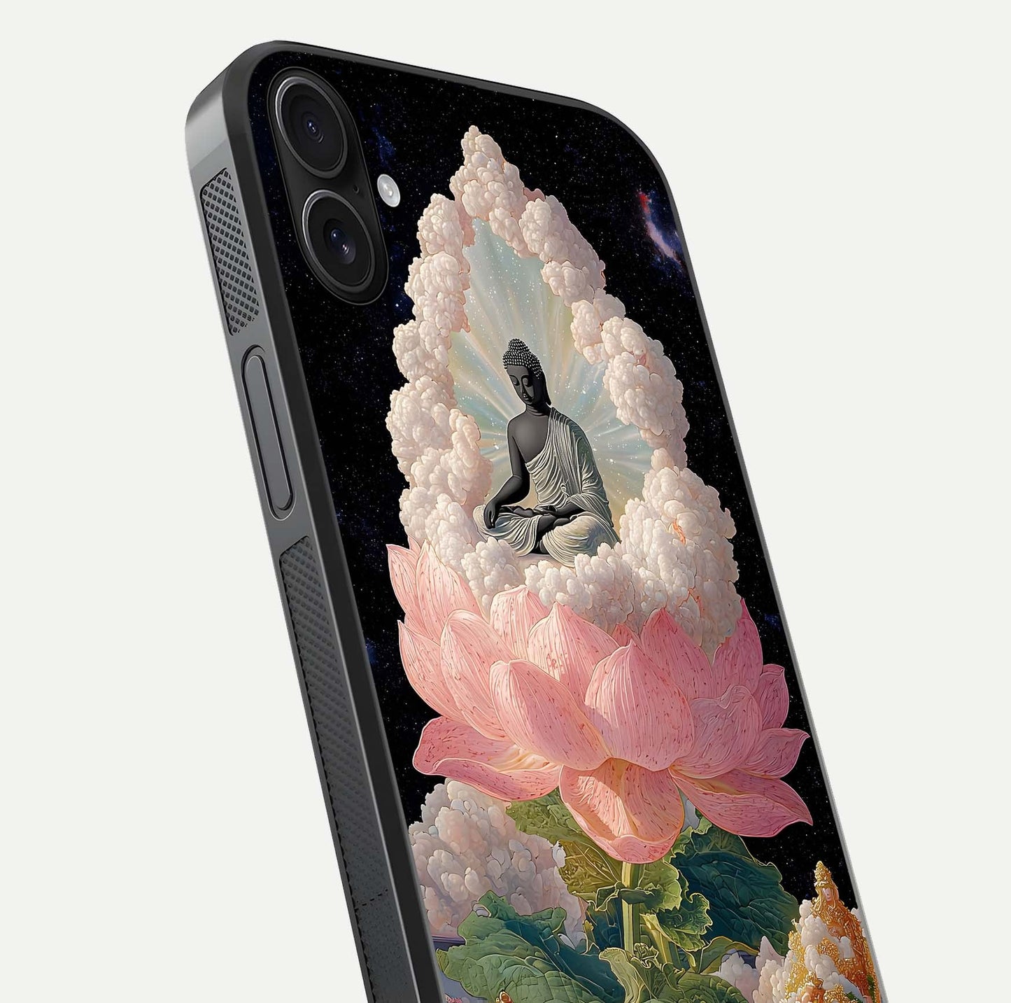 Lotus Divine Peace Glass Case for iPhone 16 Plus angled close-up showing delicate petals and gloss reflection