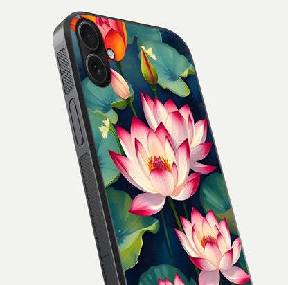 Lotus Dream Serenity Glass Case for iPhone 16 Plus close-up angled shot showing floral details and soft shine