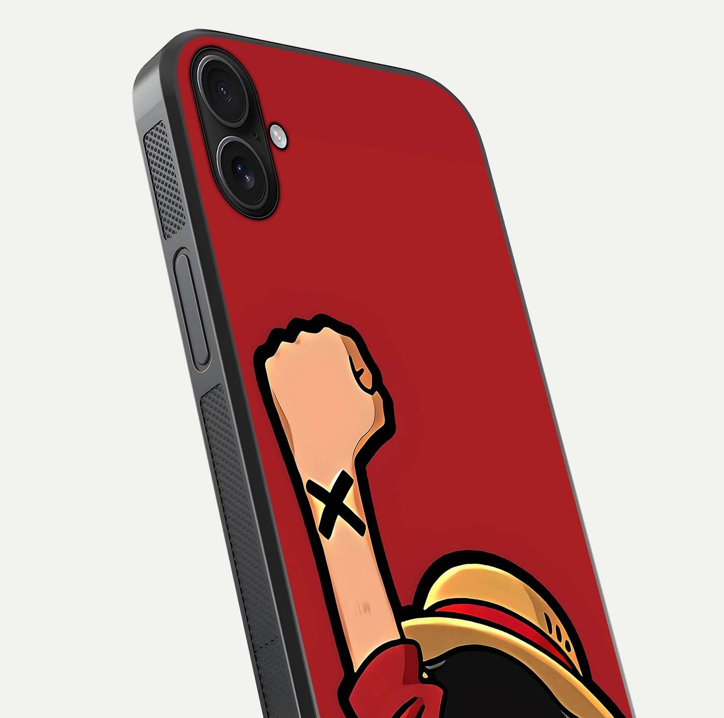 Luffy X Spirit Glass Case for iPhone 16 Plus close-up angled shot showing character detailing and gloss texture