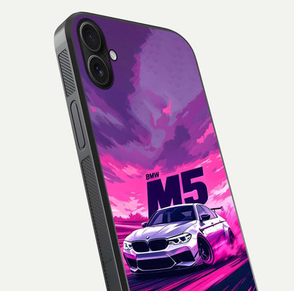 MS Neon Car Glass Case for iPhone 16 Plus close-up angled shot showing vivid neon reflections and shine