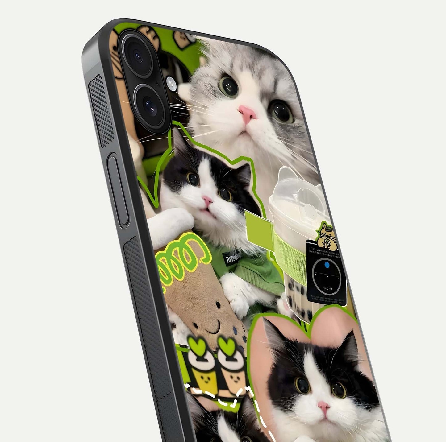Matcha Cats Mood Glass Case for iPhone 16 Plus close-up angled shot showing adorable cat art and reflection detail