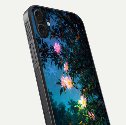 Midnight Bloom Glow Glass Case for iPhone 16 Plus close-up angled shot showing petal highlights and glow reflection